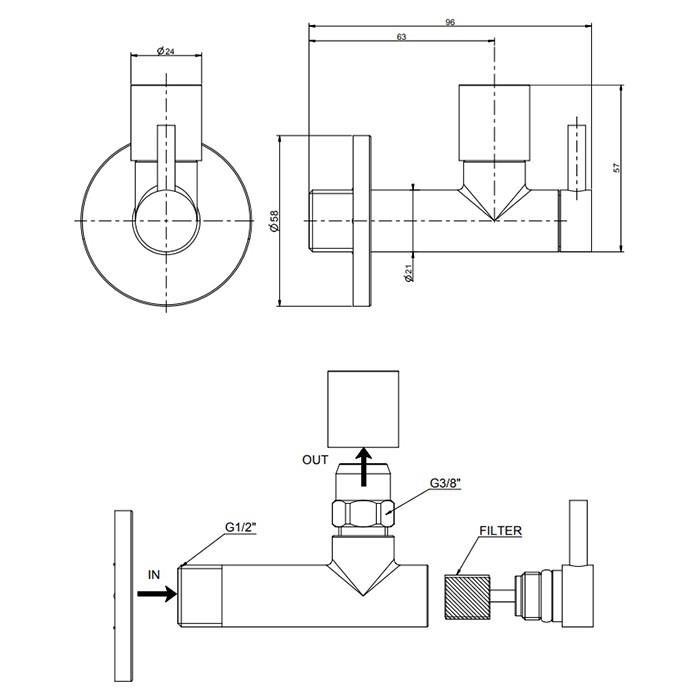 Запорный кран-фильтр под раковину с подводом воды на 1/2”, Gessi Technical accessorie, 01411#299 цвет: черный