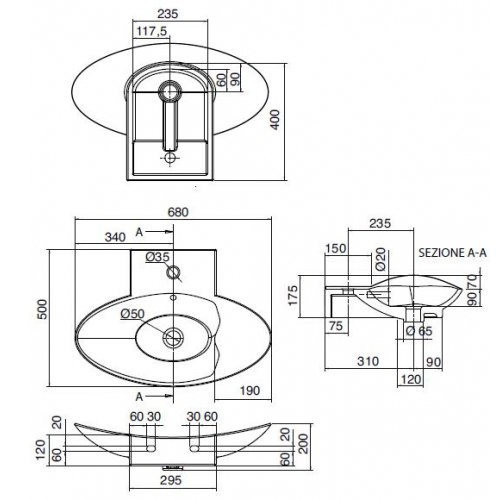 Раковина подвесная или накладная с переливом с одним отверстием, цвет белый, Scarabeo Zefiro - 8201