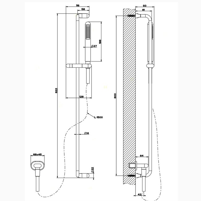 Душевая штанга с ручным душем и выводом воды из стены, Gessi Goccia, хром арт. 33642#031
