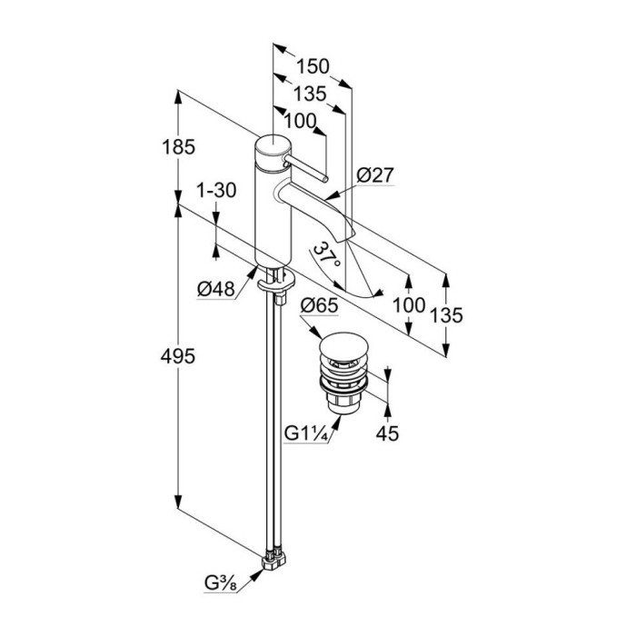 Смеситель для раковины Kludi Bozz с донным клапаном, черный матовый арт.382883976