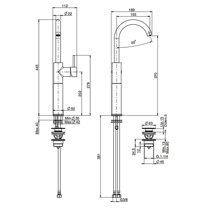 Fima Carlo Frattini Смеситель для раковины, на 1 отв., с донным клапаном, Spillo Up, F3041/HNS.1 цвет: черный