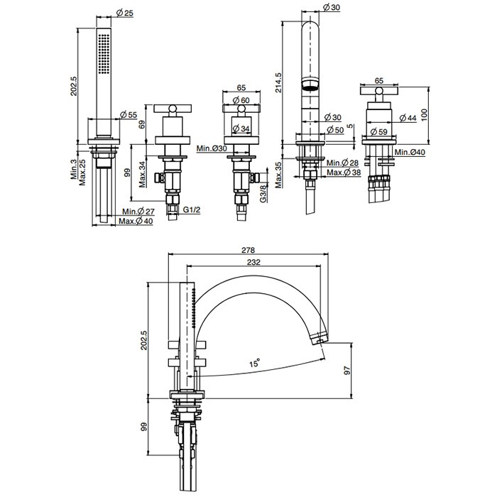 Fima Carlo Frattini Смеситель на борт ванны, на 5 отв., с ручным душем, Maxima, F5314NS цвет: черный