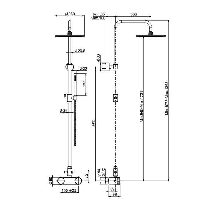 Fima Carlo Frattini Душевая стойка со смесителем для душа, верхним душем d 250 мм, Texture Collection, F5605/2XOS цвет: золото