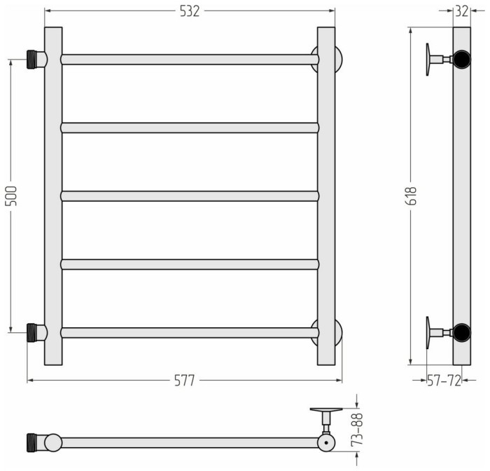 Стилье Водяной полотенцесушитель 500x500, Версия-Б, 00610-5050 цвет: без покрытия