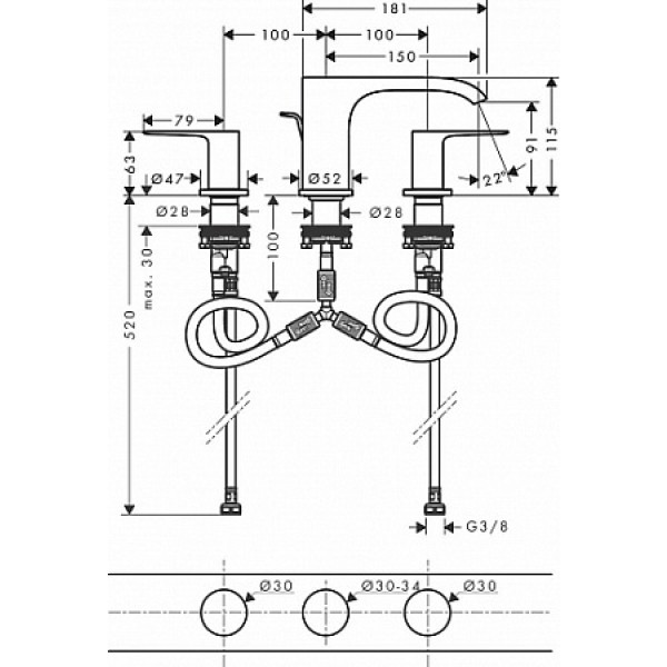 Смеситель для раковины на 3 отверстия со сливным гарнитуром, Hansgrohe Vivenis, хром арт. 75033000