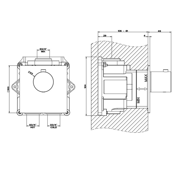 Встраиваемый термостатический смеситель на 1 источник, резьба 3/4", Gessi 316, steel brushed арт. 54554#239