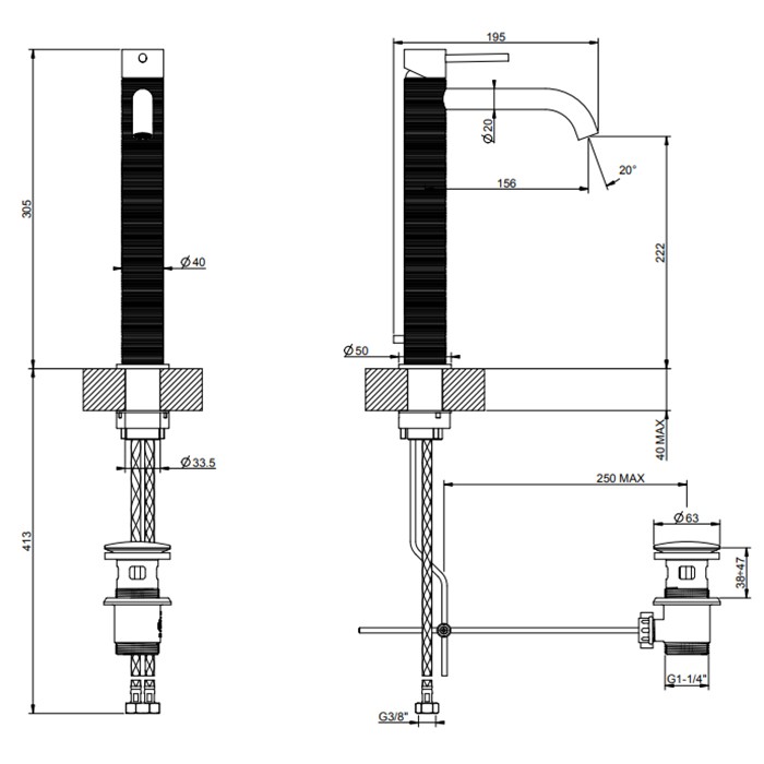 Смеситель для раковины на 1 отв., высокий, h:305мм, с донным клапаном, излив: 156мм, Gessi 316, brushed black metal pvd арт. 54303#707