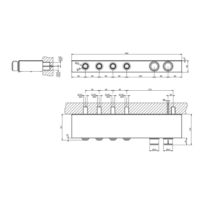 Смеситель для душа настенный встраиваемый, термостатический, с полкой, с 4 запорными кнопками, Gessi Hi Fi Eclectic, черный матовый арт. 65256#299
