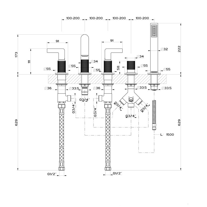 Смеситель для ванны на 5 отверстий с изливом, переключателем, ручным душем и шлангом 1,50 м, Gessi Inciso, finox арт. 58040#149