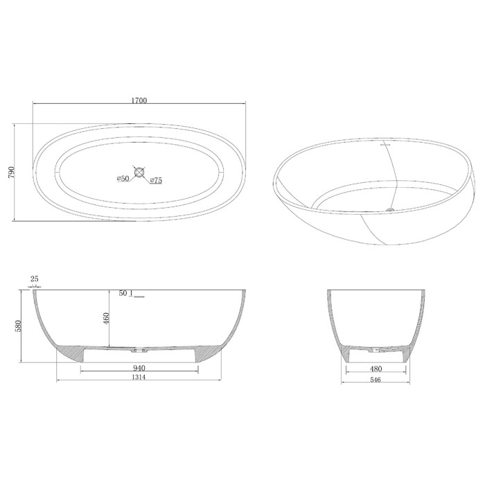 Ванна из искусственного камня 1700х790х580 свободностоящая белая матовая, с белым матовым донным клапаном, Azario Charters арт. CHA17079S