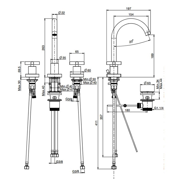 Fima Carlo Frattini Смеситель на раковину, на 3 отв., с донным клапаном, Maxima, F5301WCR цвет: хром