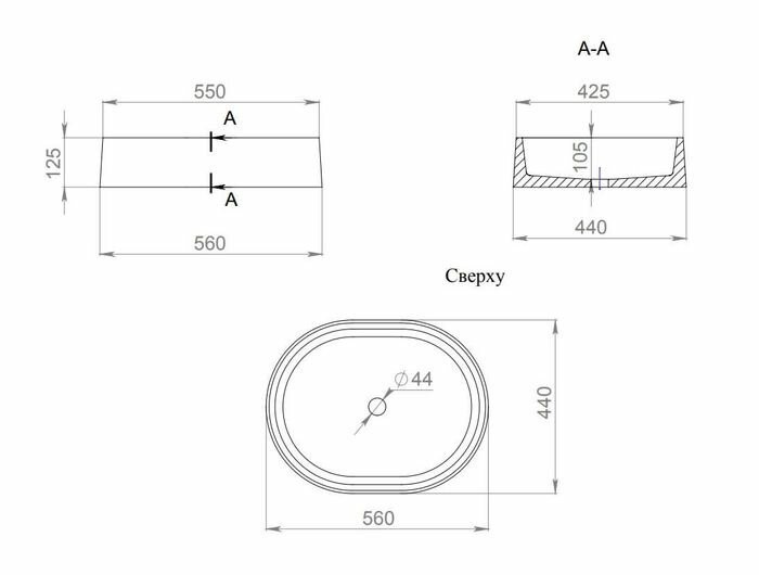 Раковина накладная 56x44, матовая, Salini GLORIA арт. 1102211MRF