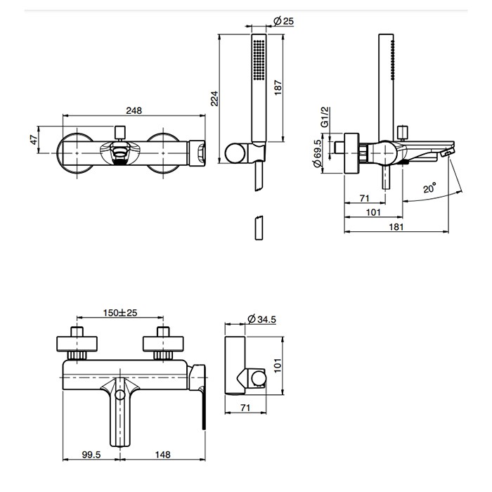 Fima Carlo Frattini Смеситель для ванны, настенный, с ручным душем, Mast, F3134NS цвет: хром