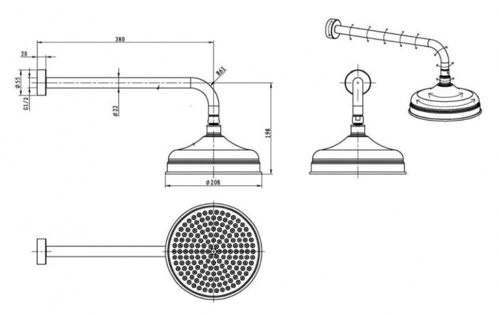 Встроенный верхний душ (20см), золото, Imperiale Boheme 411