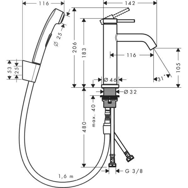Смеситель для раковины с гигиеническим душем и душевым шлангом, Hansgrohe Talis Select S, чёрный арт. 73211670