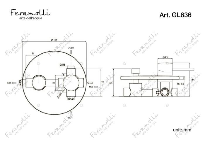 Смеситель однорычажный скрытого монтажа ванна/душ, золото, Ele Feramolli - GL636