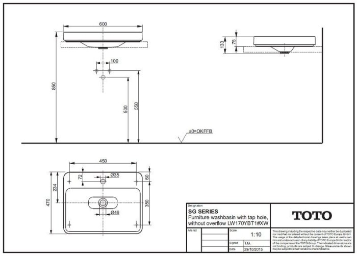 Раковина накладная на 60 см, SG TOTO, LW170YBT1 цвет: белый