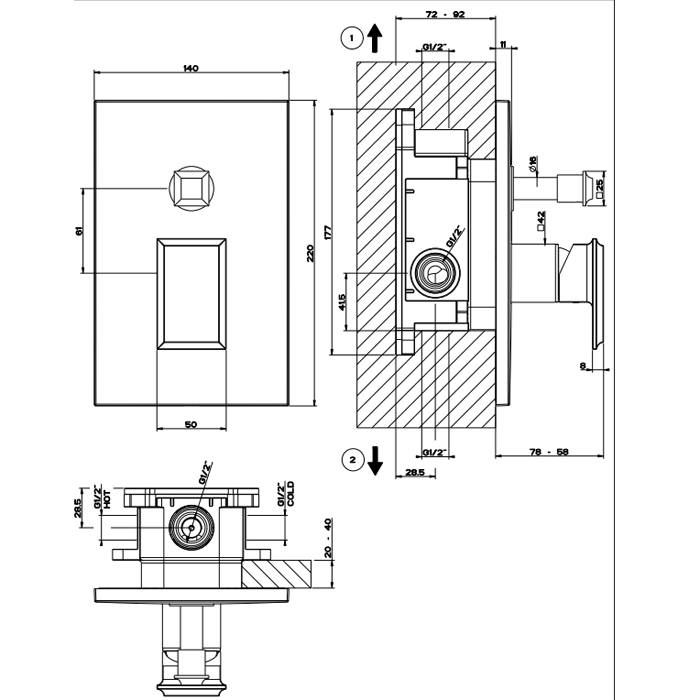 Встраиваемый однорычажный смеситель с автоматическим переключателем ванна/душ, Gessi Eleganza, золото арт. 46079#080