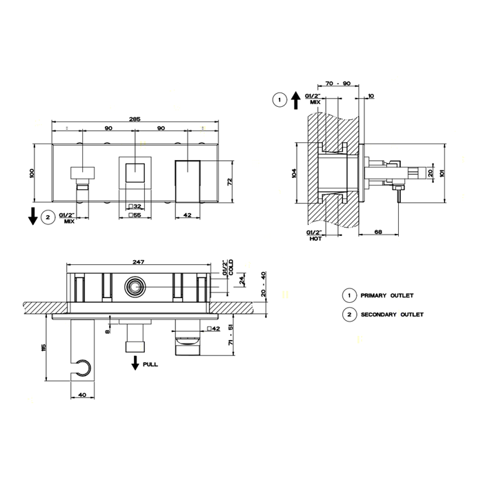 Встраиваемый смеситель с изливом, подводом воды, держателем лейки и переключателем PULL, Gessi Rettangolo, хром арт. 44911#031