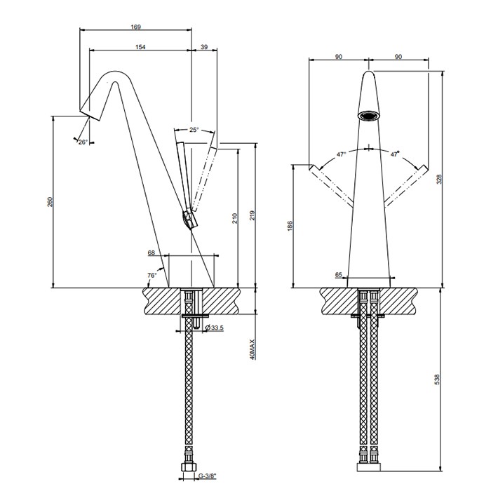 Смеситель для раковины высокий,соединительные шланги на 3/8, Gessi Cono, black xl арт. 45003#299