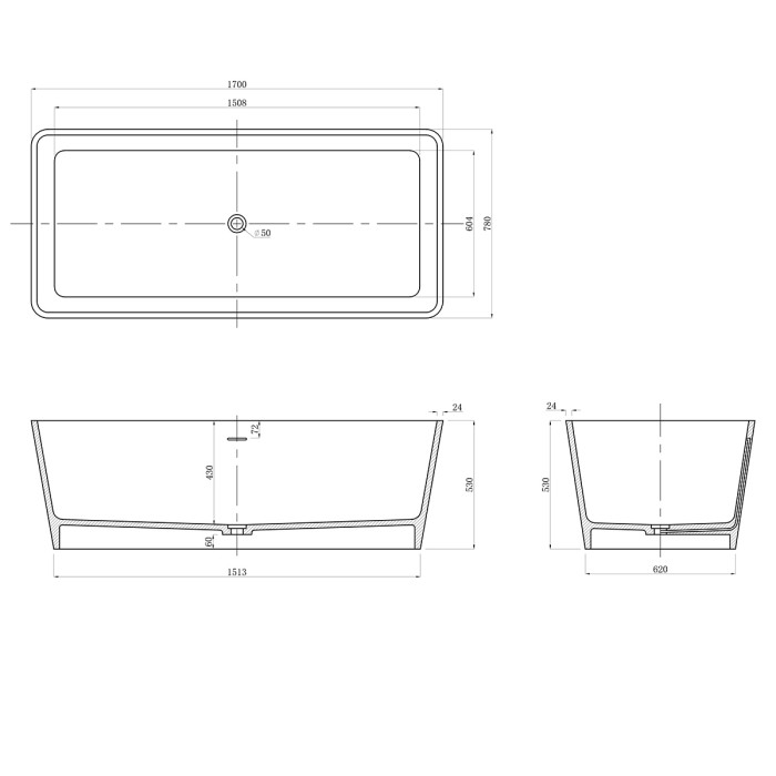 Ванна из искусственного камня 1700х780х530 свободностоящая белая матовая, с белым матовым донным клапаном, Azario Esmont арт. ESM17078S