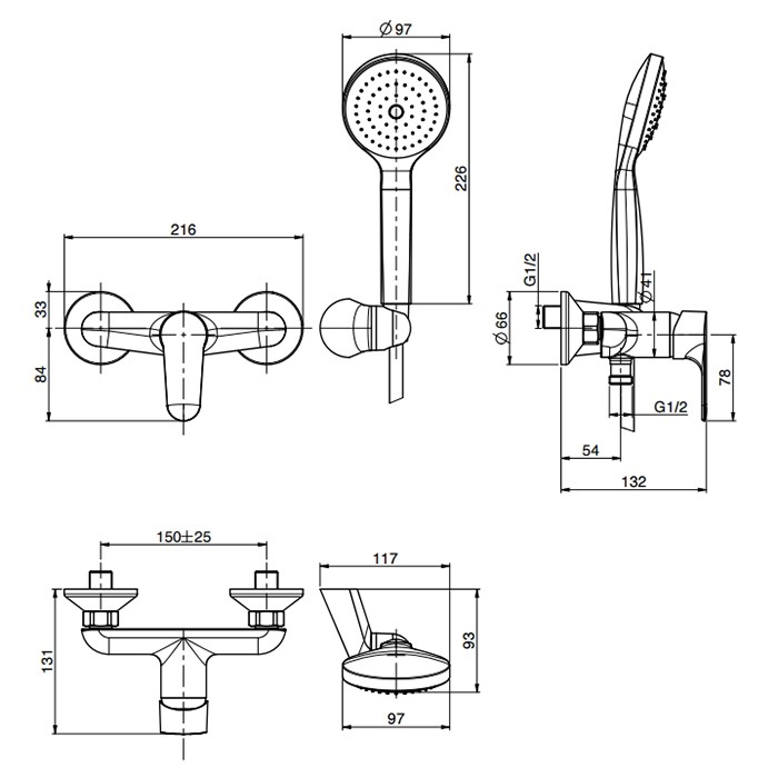 Fima Carlo Frattini Смеситель для душа, настенный, с ручным душем, Serie 22, F3835NS цвет: черный