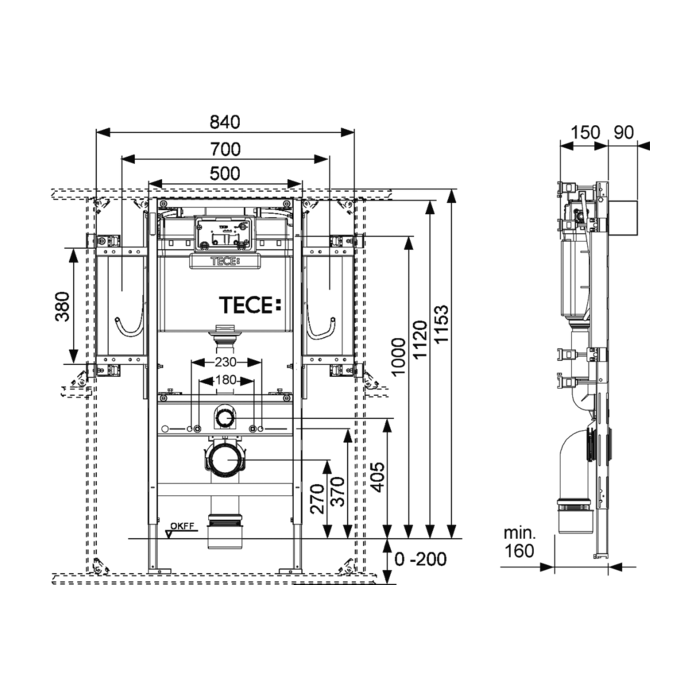 Система инсталяции с универсальным подключением для унитазов-биде h=112см, profil TECE арт. 9300381