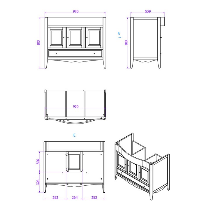 База с раковиной simas ar874bi*1 105х56см, напольная, с 1отв., 3 расп. Дв. И 1ящик, доводч. Blum, ручки: riflesso бронза, Veronica gridgio, Tiffany World - VER4105-G+AR874bi*1 комплект