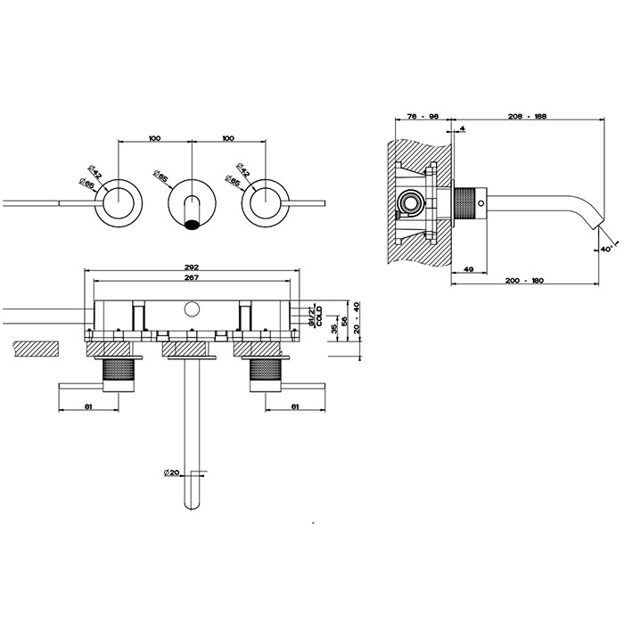 Встраиваемый смеситель для раковины на 3 отв., излив: 200-180мм, Gessi 316, brushed black metal pvd арт. 54494#707
