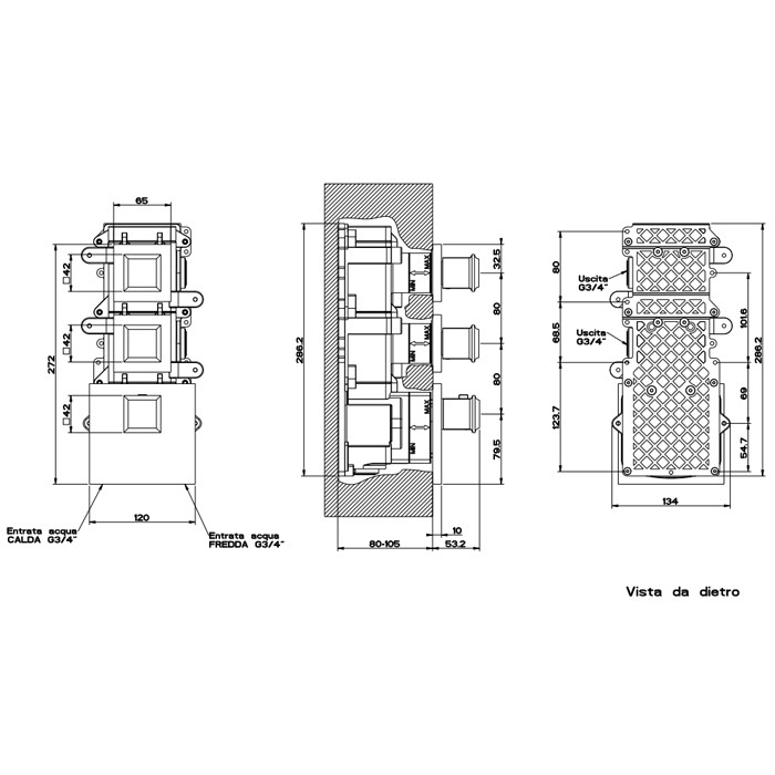 Встраиваемый термостатический смеситель, подключение на 3/4”, с 2мя независимыми выходами, Gessi Eleganza, хром арт. 46224#031