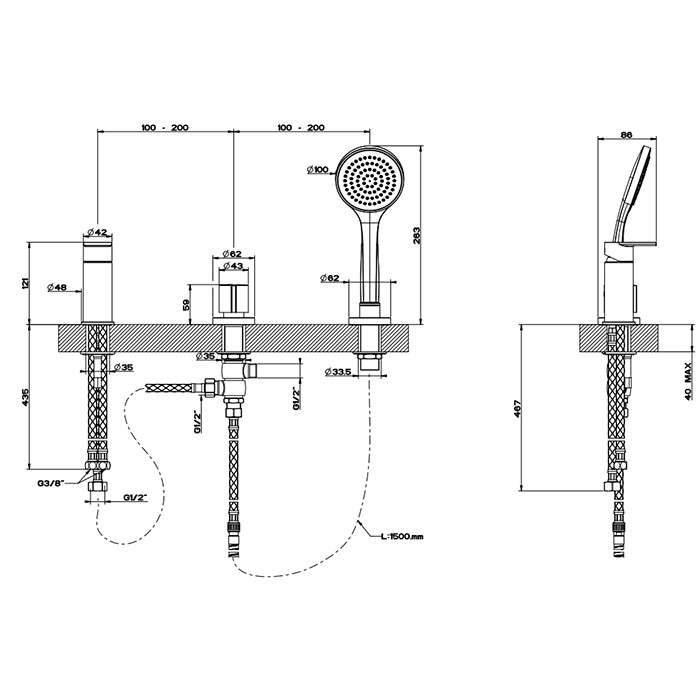 Смеситель для ванны, на 3 отв., наполнение через слив-перелив, лейка, Gessi Emporio Via manzoni, black xl арт. 38643#299
