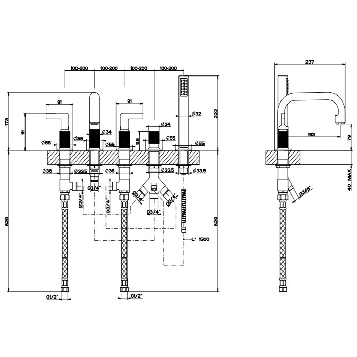 Смеситель для ванны, 5 отв., с ручным душем и шлангом 150 см, Gessi Inciso, хром арт. 58040#031