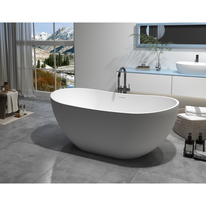 Ванна из искусственного камня 1630x850x640 свободностоящая белая матовая, с белым матовым донным клапаном, Azario Jenner арт. JEN16385S