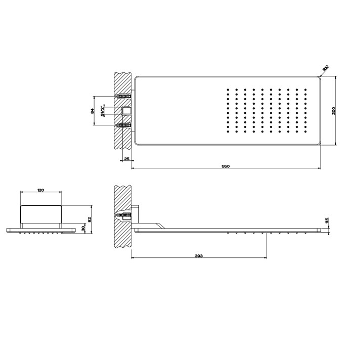 Верхний душ 550х200 мм., для настенного крепления, Gessi Rettangolo, steel brushed арт. 33095#239