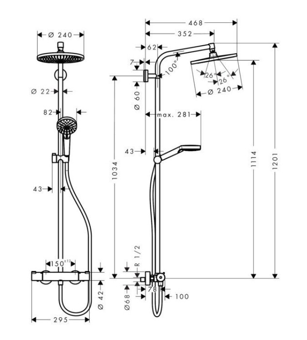 Душевая система с термостатом Crometta S Hansgrohe, хром арт. 27268000