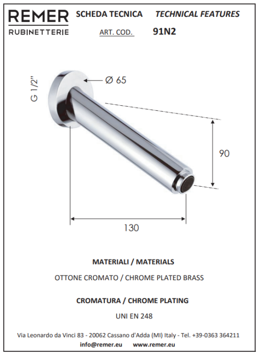 Излив настенный 13 см черный матовый, Remer, скрытого монтажа 91N2NO