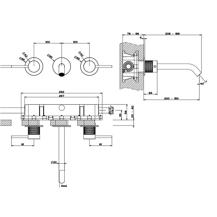 Встраиваемый смеситель для раковины на 3 отв., излив: 200-180мм, Gessi 316, brushed black metal pvd арт. 54294#707