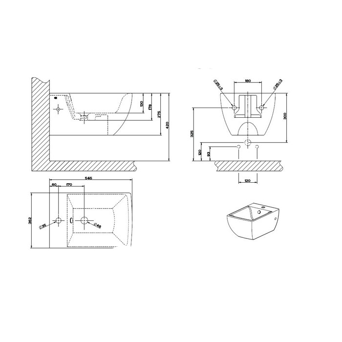 Биде подвесное 54.5х36.2см, с 1 отверстием под смеситель, с сифоном, Gessi Mimi, белый арт. 37515#518