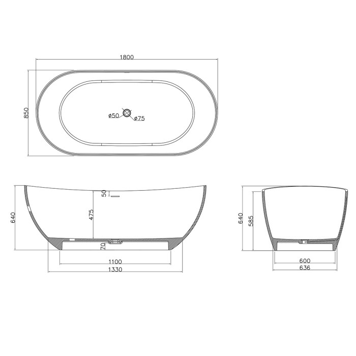 Ванна из искусственного камня 1800x850x640 свободностоящая белая матовая, с белым матовым донным клапаном, Azario Jenner арт. JEN18085S