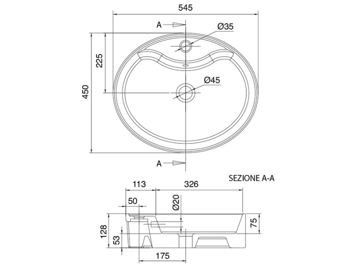 Раковина WIND R накладная с переливом с одним отверстием, цвет белый, Scarabeo Thin-line - 8030/R