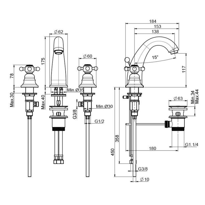 Fima Carlo Frattini Смеситель на раковину на 3 отверстия, Elizabeth, F5101CR цвет: хром
