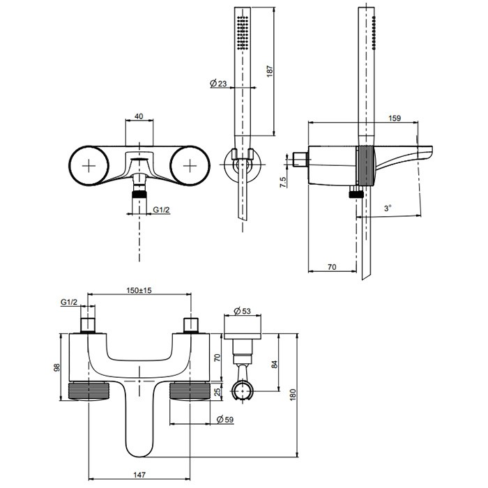 Fima Carlo Frattini Смеситель для ванны, настенный, с ручным душем, Texture Collection, F5604HNS цвет: черный