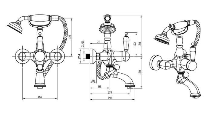 Смеситель для ванны с черной керамикой, Boheme Tradizionale cromo - 263-BLC