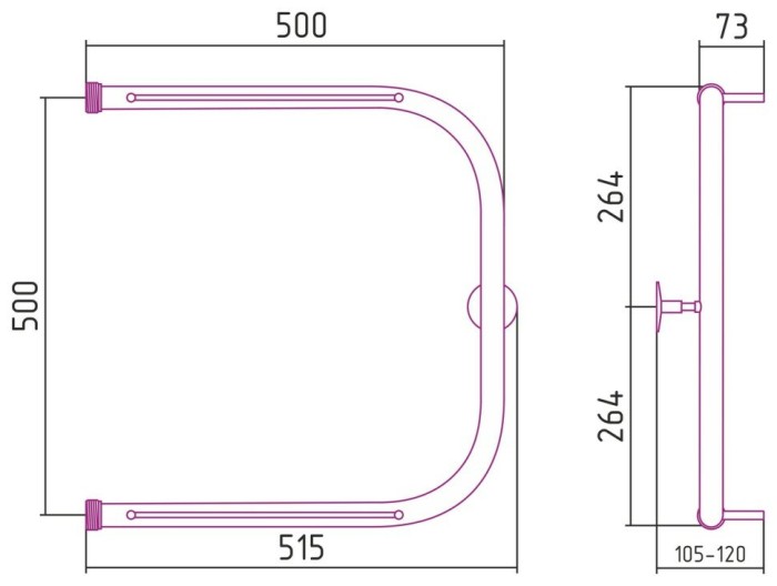 Стилье Водяной полотенцесушитель 500x500, П-образный, 00012-5050 цвет: без покрытия