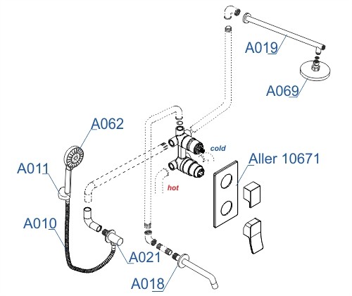 Встраиваемый комплект для ванны с верхней душевой насадкой, лейкой и изливом Aller 1060 WasserKRAFT арт. A171619