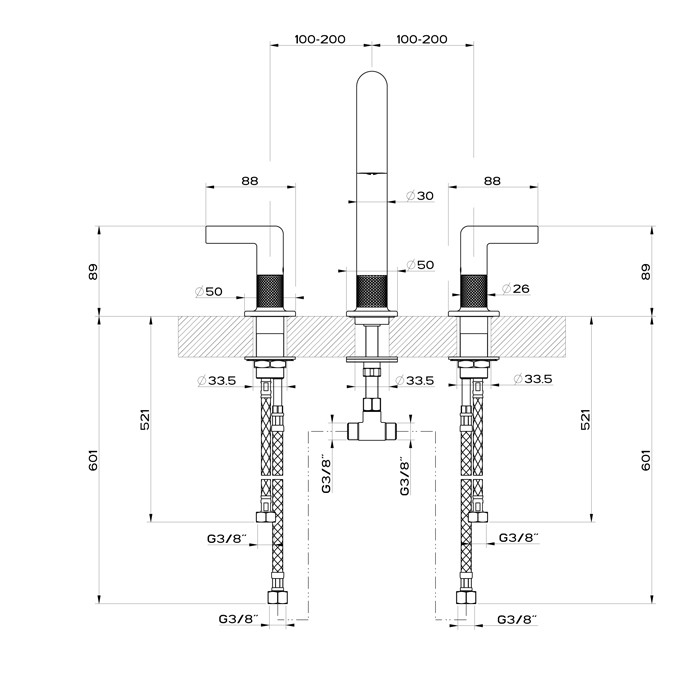 Смеситель для раковины на 3 отверстия без донного клапана, излив 160мм, h=240мм, Gessi Inciso, finox арт. 58014#149