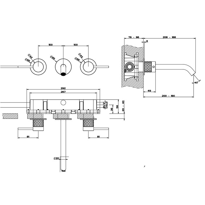 Встраиваемый смеситель для раковины с изливом 200-180мм, Gessi 316, brushed black metal pvd арт. 54194#707