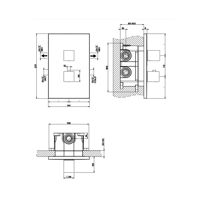 Смеситель для душа, встраиваемый, термостатический, подключение на 3/4”, с переключателем на 2 выхода, Gessi Rettangolo, black xl арт. 20184#299