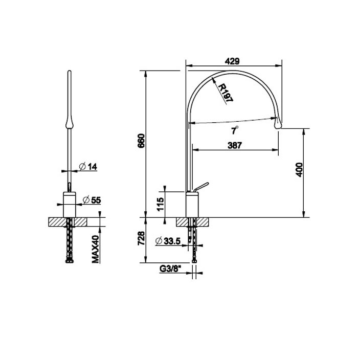 Смеситель для раковины на 1 отверстие, излив 387мм R=197, с фиксированным носиком, Gessi Goccia, хром арт. 33808#031