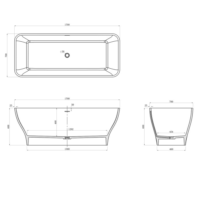 Ванна из искусственного камня 1700x700x600 свободностоящая белая матовая, с белым матовым донным клапаном, Azario Savant арт. SAV17070S